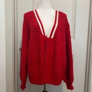 Red V-Neck Chunky Knit Women's Cardigan